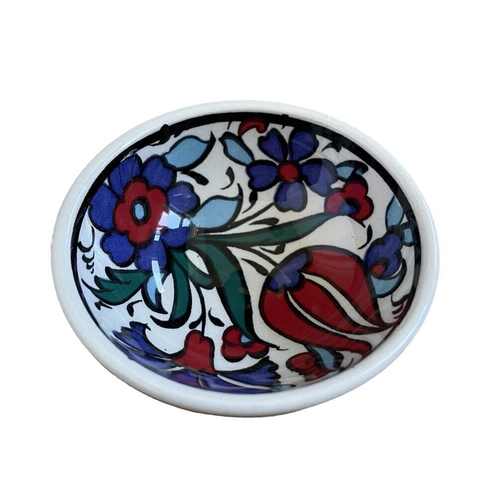 Handmade turkish bowl hand painted blue and‎ red floral design delicate